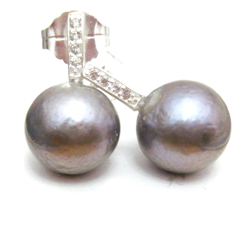 Grey 13mm Round Pearls on Silver Earrings